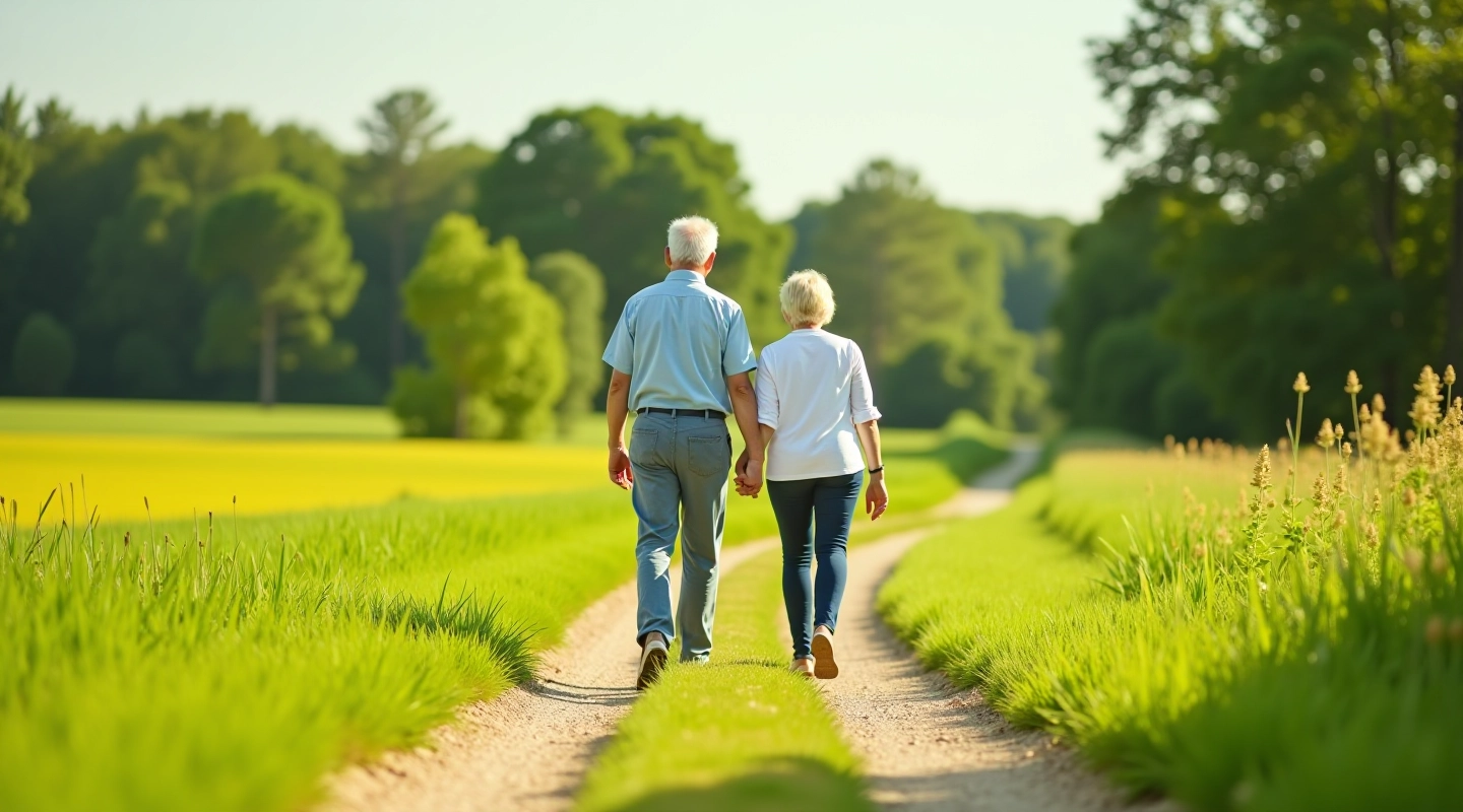 Seniori pastaigā lauku ceļā starp zaļiem laukiem un mežiem vasarā
